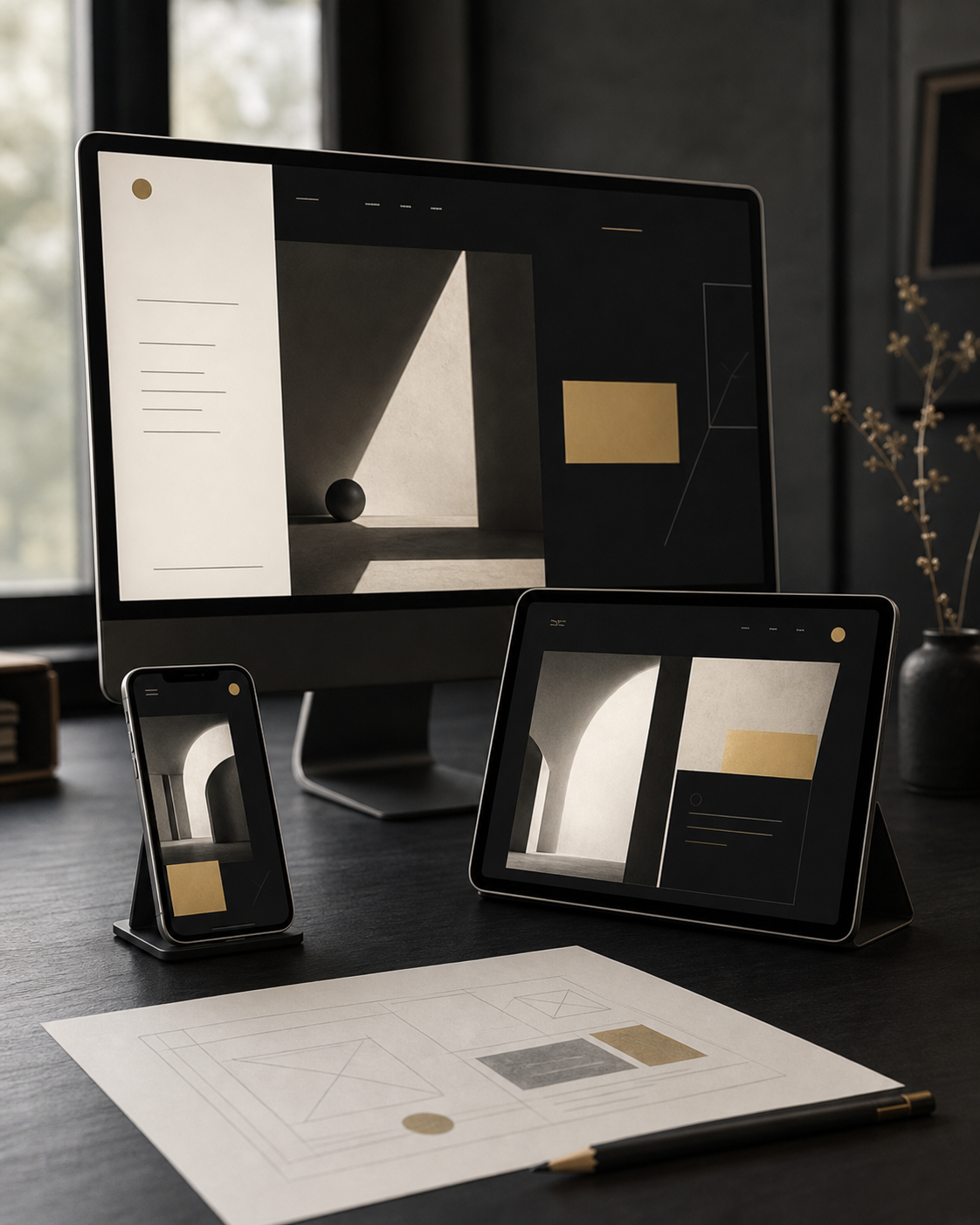 Maquette de site responsive présentée sur ordinateur, tablette et smartphone